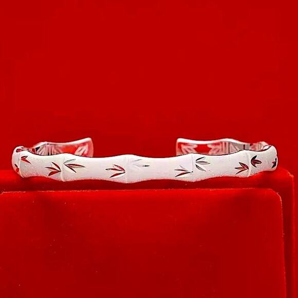 Sterling Silver Bamboo Engraved Cuff Bangle Bracelet - Picture 5 of 7